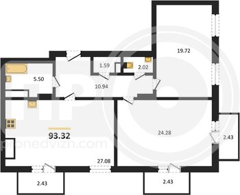 Миниатюра 2-комнатная квартира, 93.32кв.м