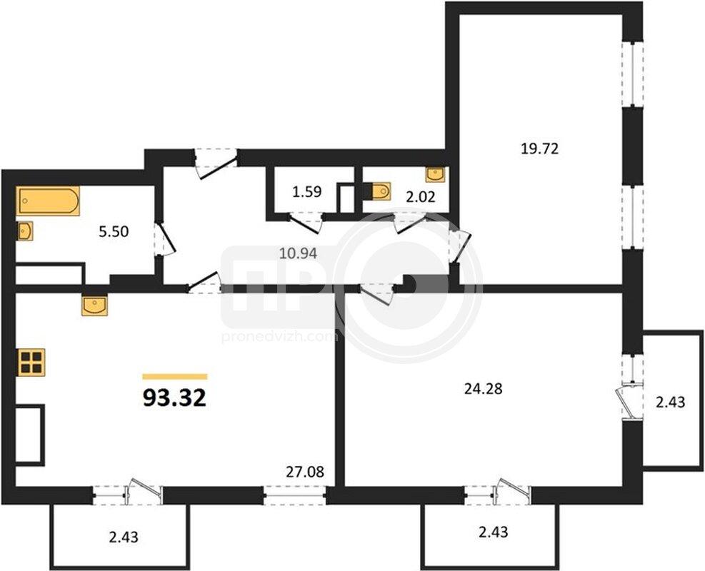 2-комнатная квартира, 93.32кв.м