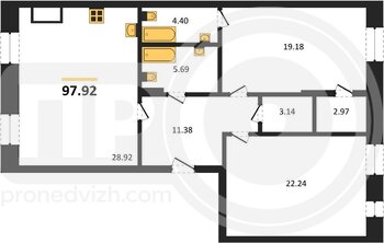 Миниатюра 2-комнатная квартира, 97.92кв.м