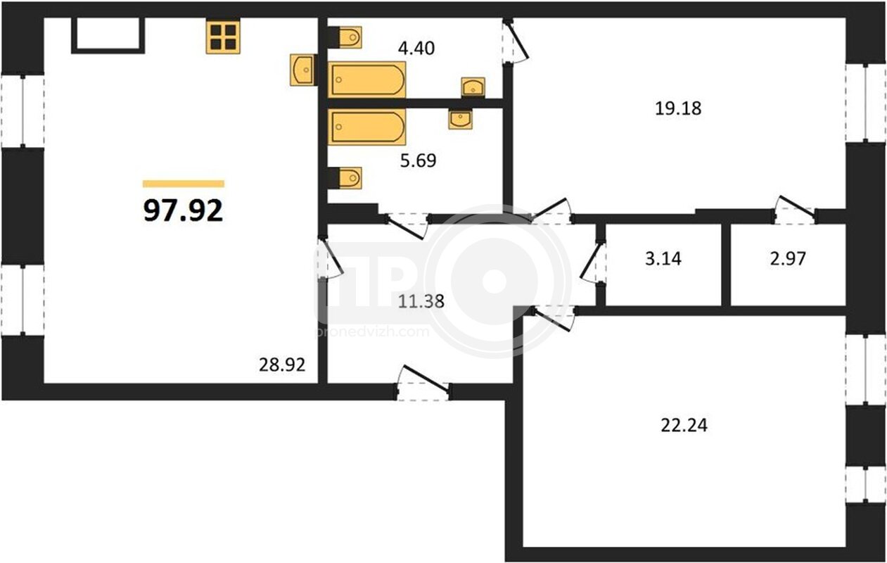 2-комнатная квартира, 97.92кв.м