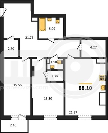 Миниатюра 2-комнатная квартира, 88.1кв.м