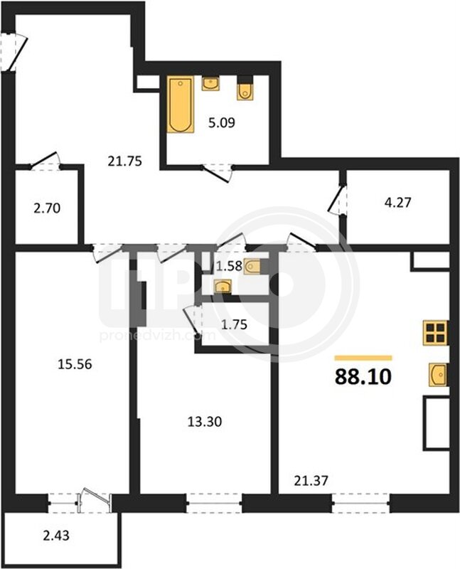 2-комнатная квартира, 88.1кв.м