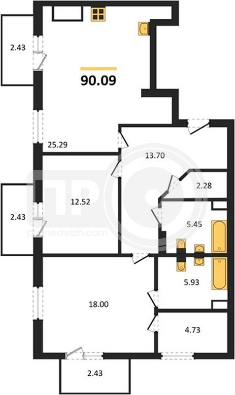 2-комнатная квартира, 90.09кв.м
