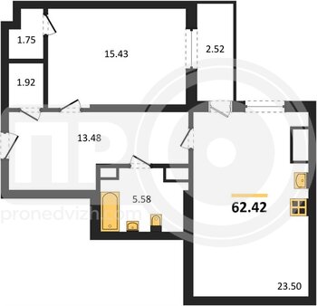 Миниатюра 1-комнатная квартира, 62.42кв.м
