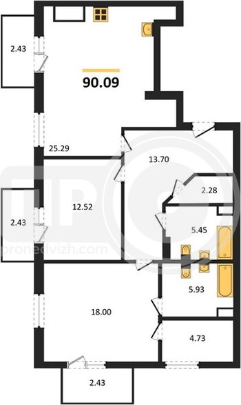 Миниатюра 2-комнатная квартира, 90.09кв.м