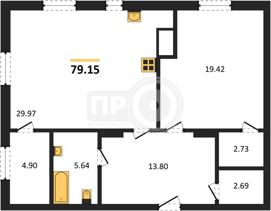 1-комнатная квартира, 79.15кв.м