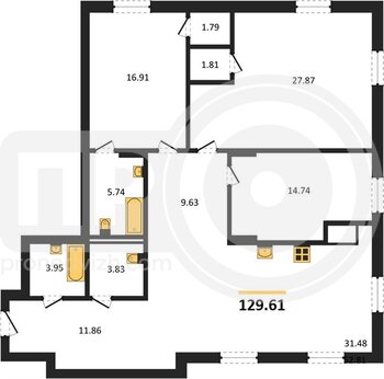 Миниатюра 3-комнатная квартира, 129.61кв.м
