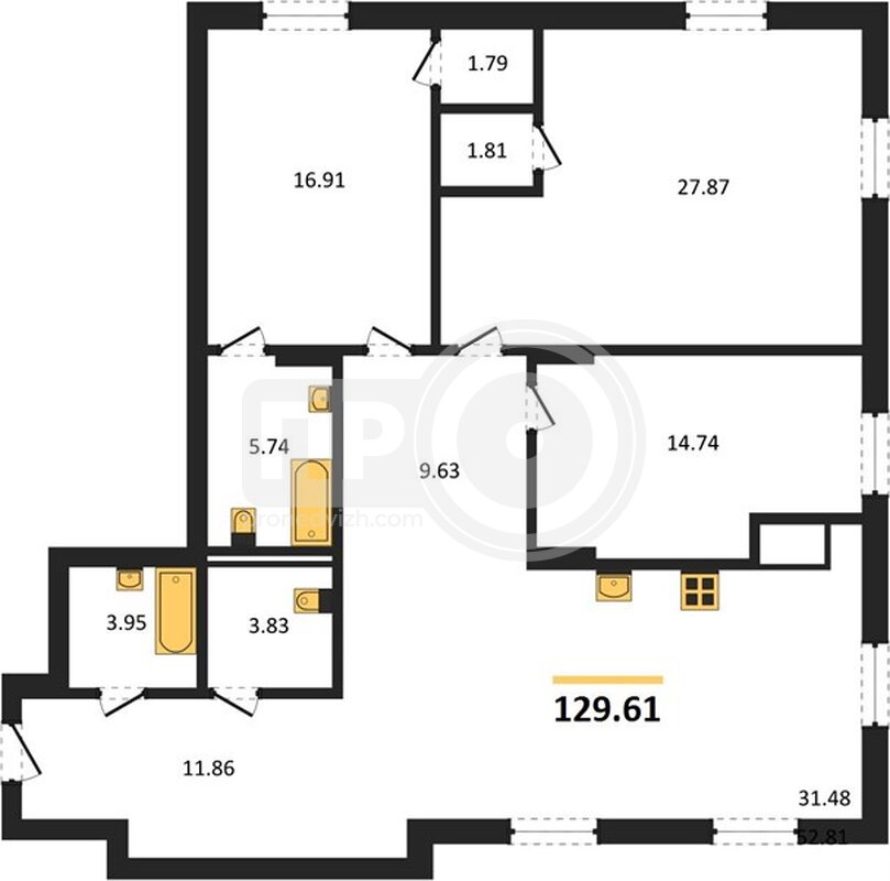 3-комнатная квартира, 129.61кв.м