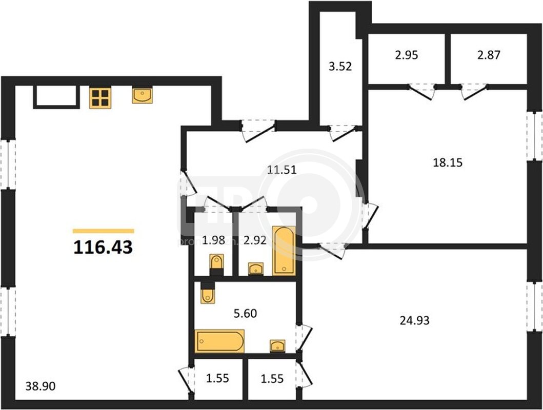 2-комнатная квартира, 116.43кв.м