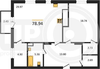 Миниатюра 1-комнатная квартира, 78.94кв.м