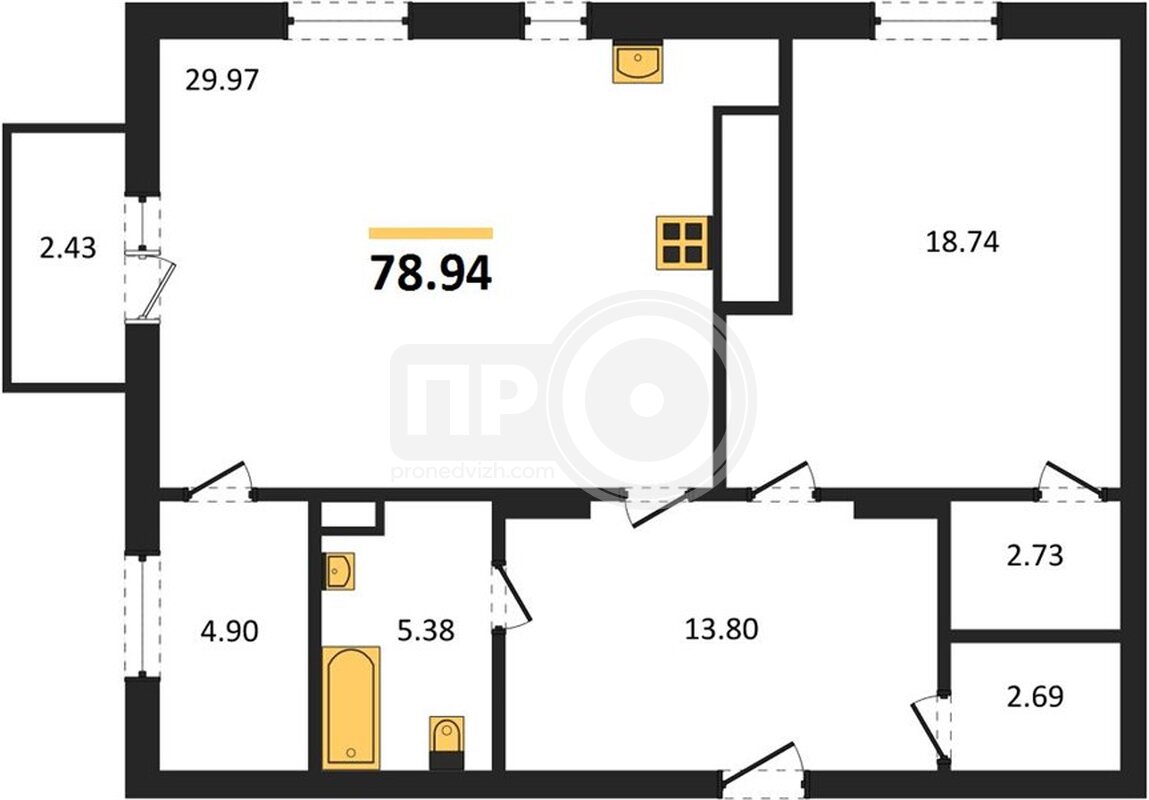 1-комнатная квартира, 78.94кв.м