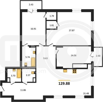 Миниатюра 3-комнатная квартира, 129.88кв.м