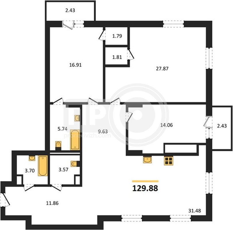 3-комнатная квартира, 129.88кв.м