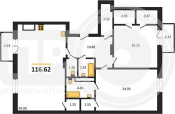 Миниатюра 2-комнатная квартира, 116.62кв.м