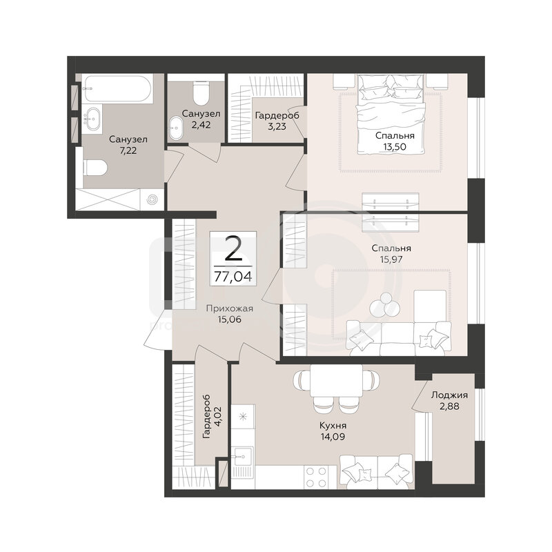 2-комнатная квартира, 77.04кв.м