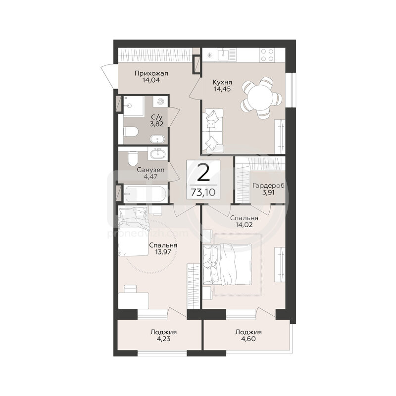 2-комнатная квартира, 73.1кв.м