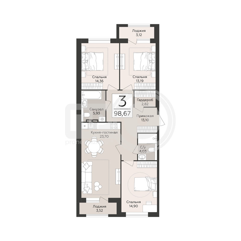 3-комнатная квартира, 98.67кв.м