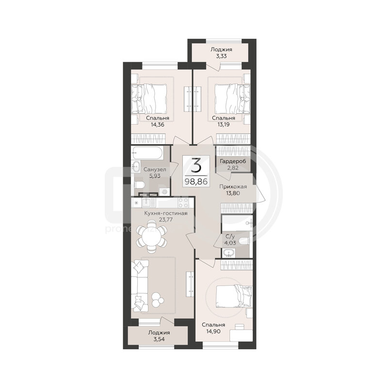 3-комнатная квартира, 96.86кв.м