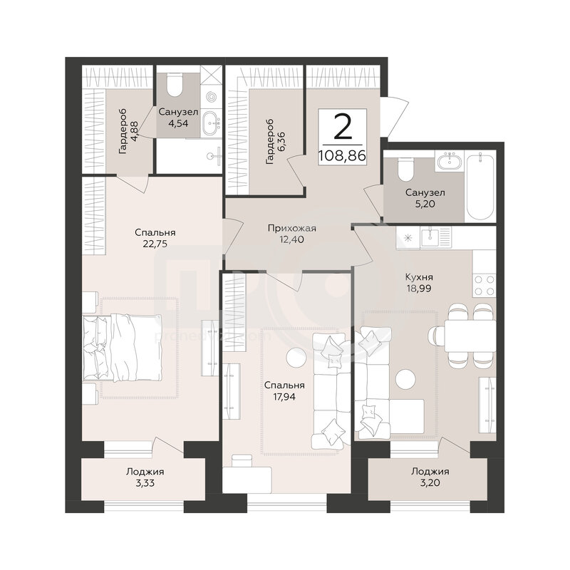 2-комнатная квартира, 108.86кв.м