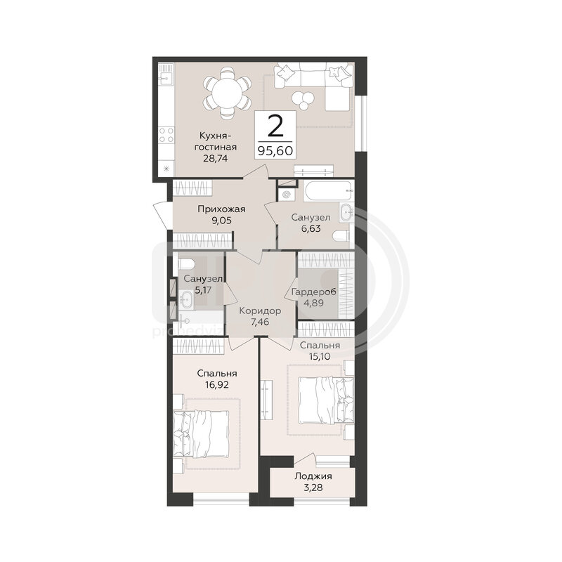 2-комнатная квартира, 95.6кв.м