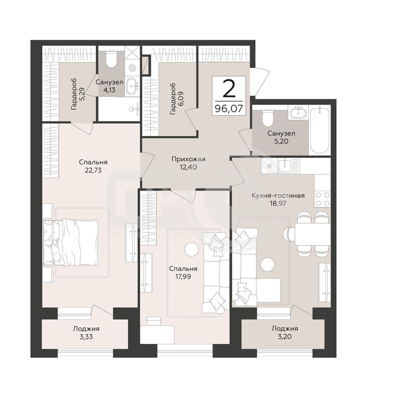 2-комнатная квартира, 96.07кв.м