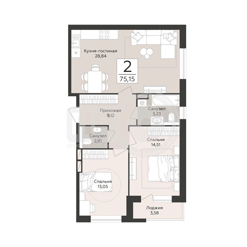 2-комнатная квартира, 75.15кв.м