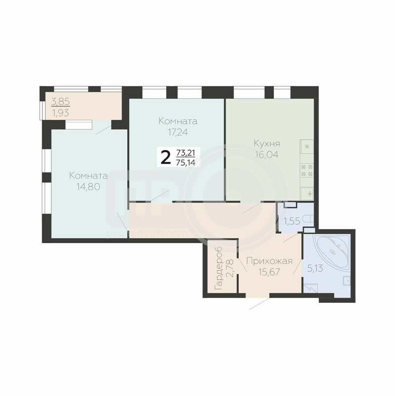 2-комнатная квартира, 72.14кв.м