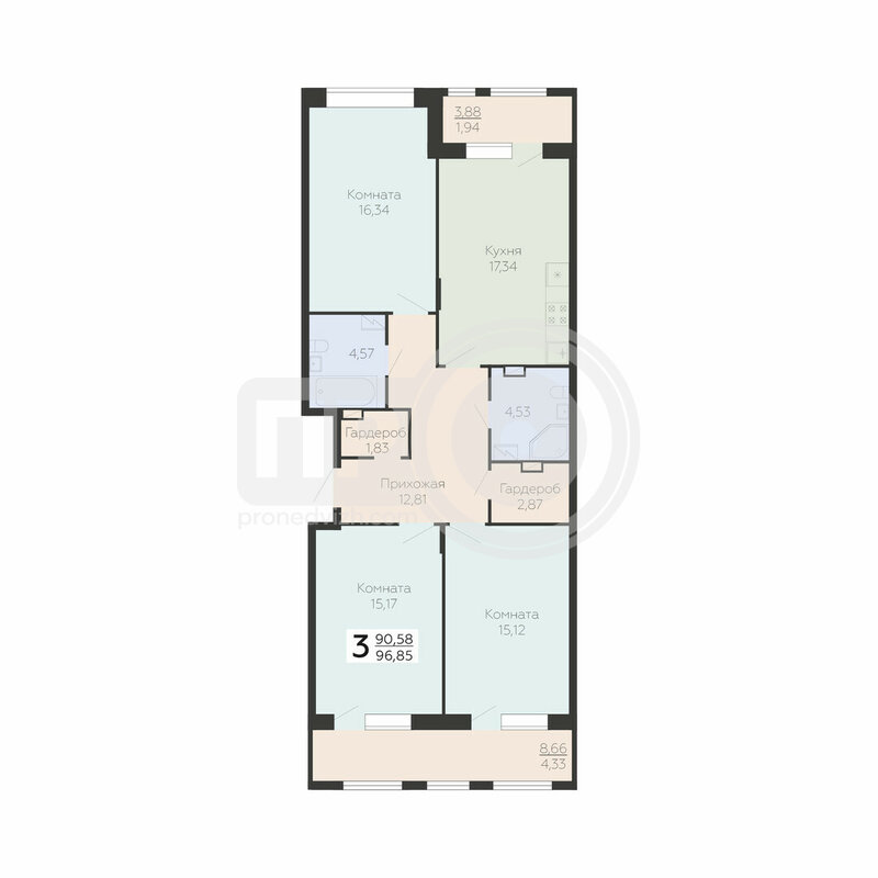 3-комнатная квартира, 90.21кв.м