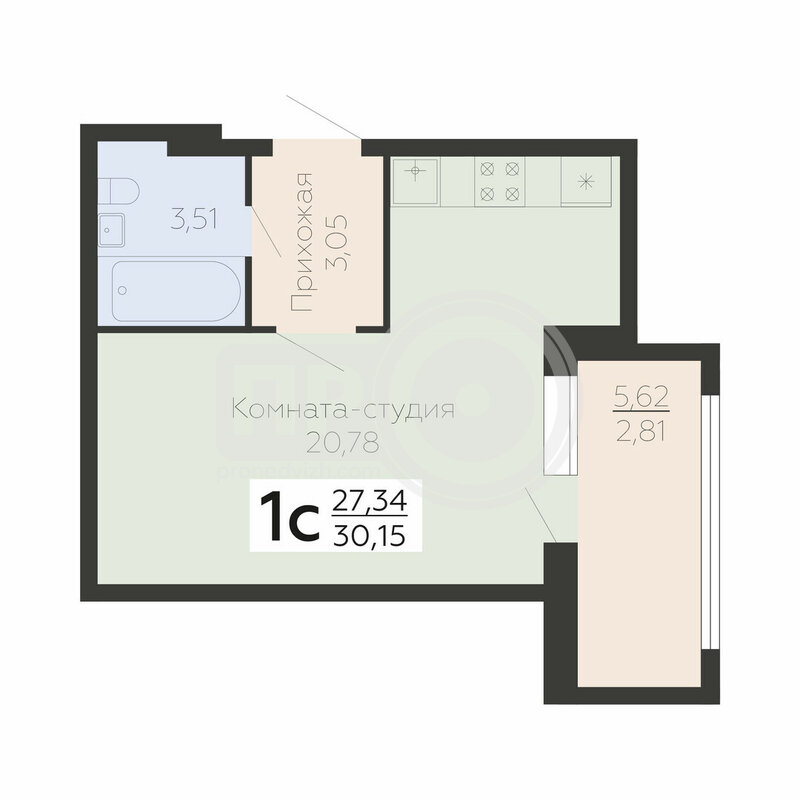 1-комнатная квартира, 30.15кв.м