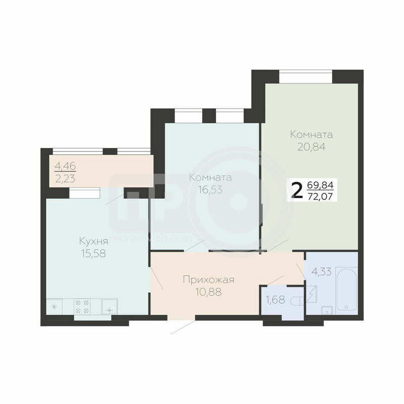 2-комнатная квартира, 72.07кв.м