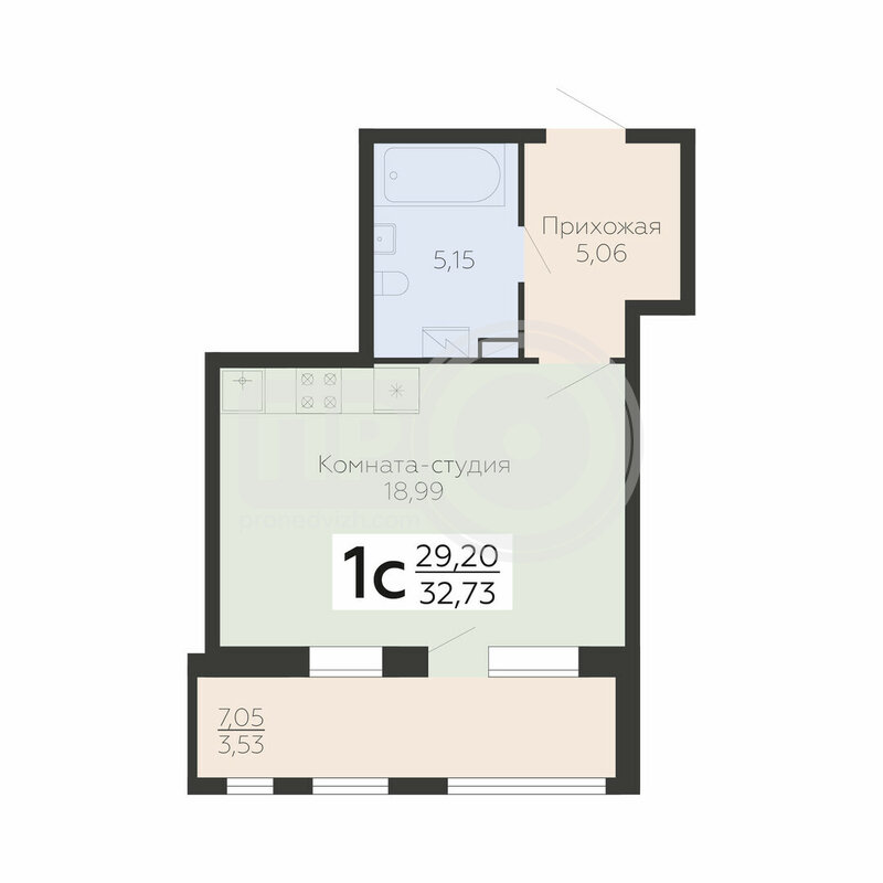 1-комнатная квартира, 32.73кв.м