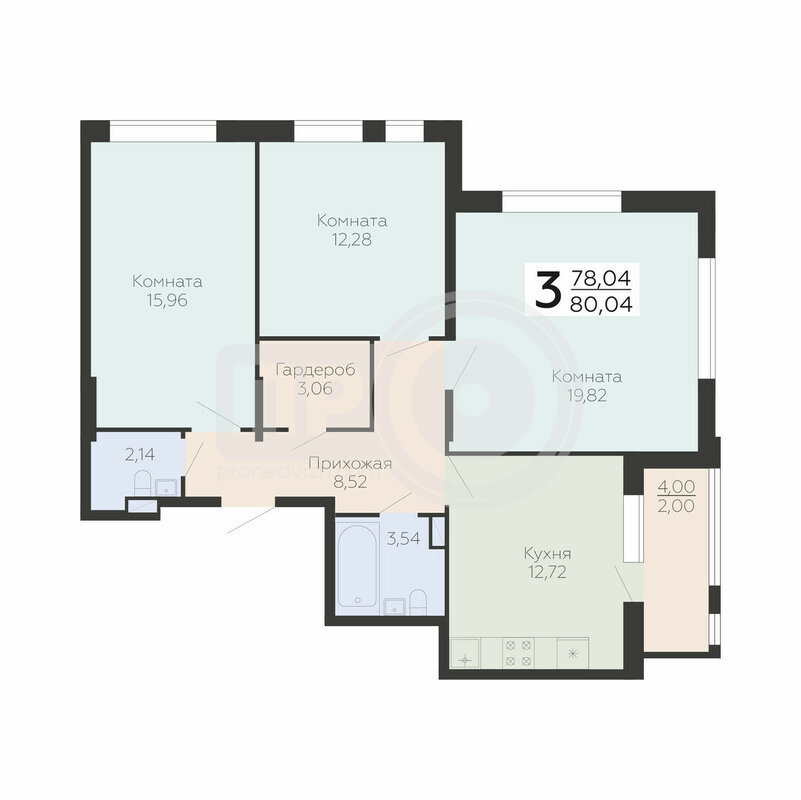 3-комнатная квартира, 80.04кв.м