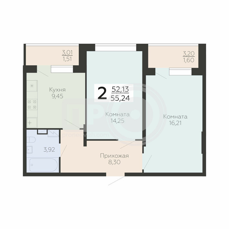 2-комнатная квартира, 55.24кв.м