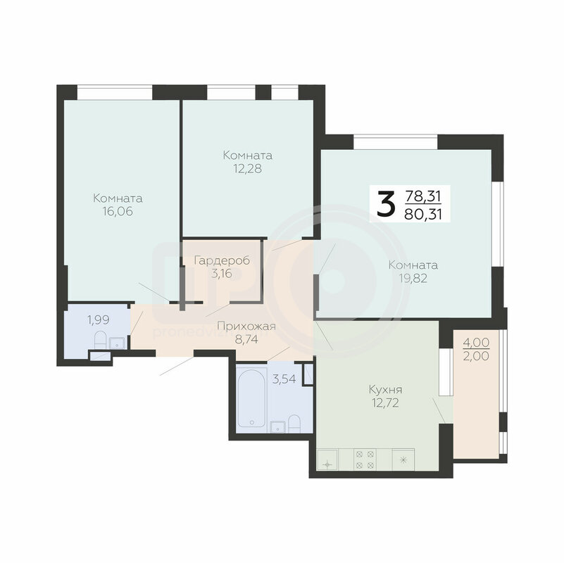 3-комнатная квартира, 80.31кв.м