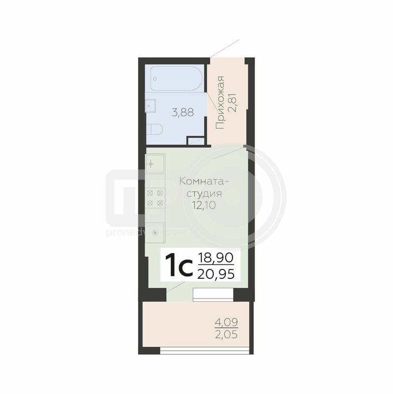 1-комнатная квартира, 20.95кв.м