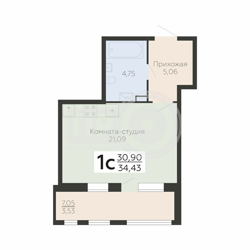1-комнатная квартира, 34.43кв.м