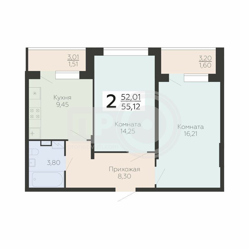 2-комнатная квартира, 55.12кв.м