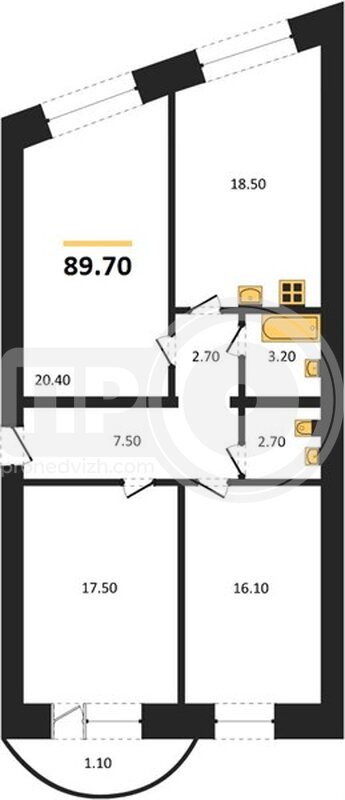 3-комнатная квартира, 88.6кв.м
