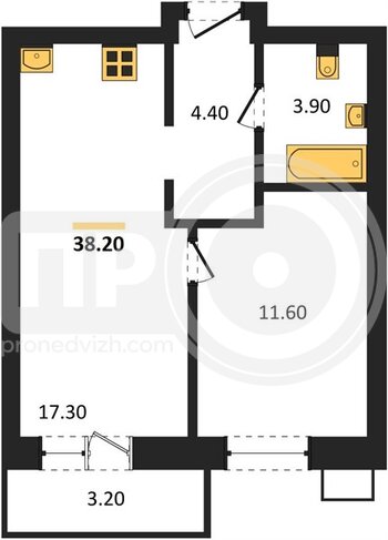 Миниатюра 1-комнатная квартира, 38.2кв.м