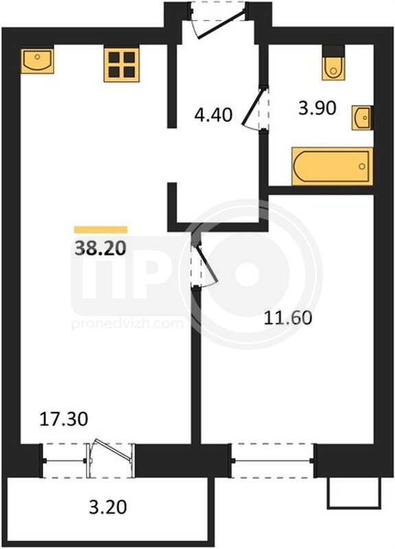 1-комнатная квартира, 38.2кв.м