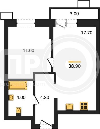 Миниатюра 1-комнатная квартира, 38.9кв.м