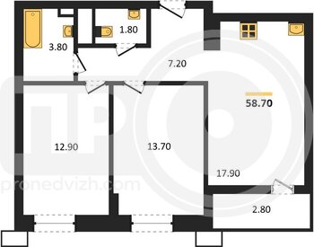 Миниатюра 2-комнатная квартира, 58.7кв.м