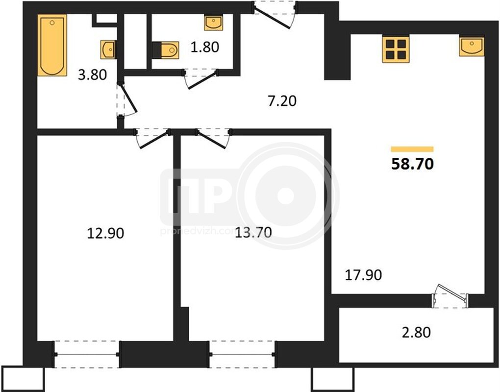 2-комнатная квартира, 58.7кв.м