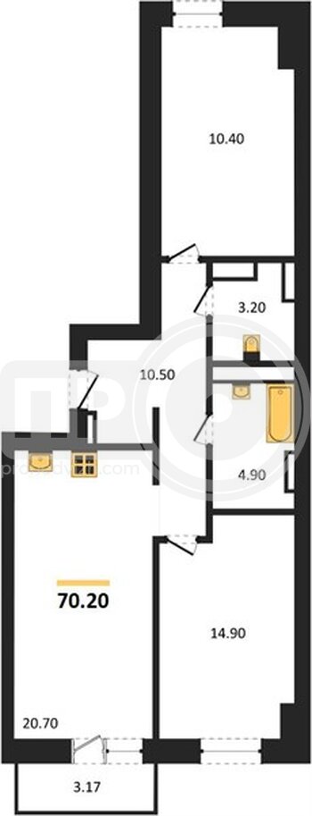Миниатюра 2-комнатная квартира, 70.2кв.м