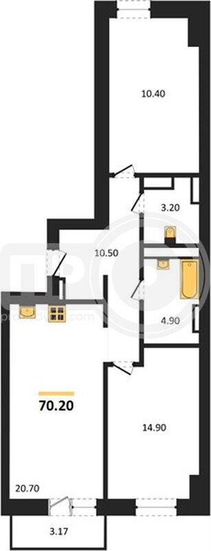 2-комнатная квартира, 70.2кв.м