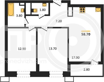 Миниатюра 2-комнатная квартира, 58.7кв.м