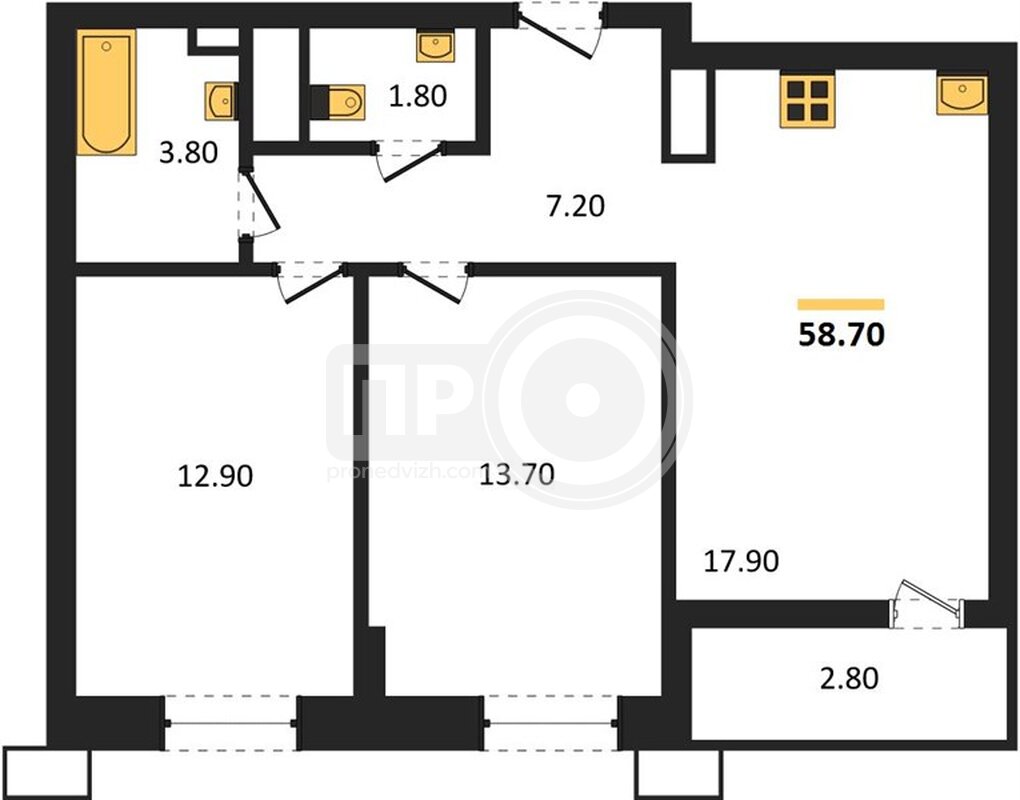 2-комнатная квартира, 58.7кв.м