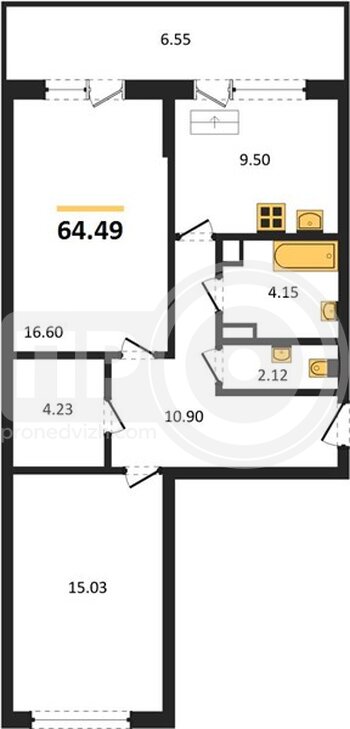 Миниатюра 2-комнатная квартира, 64.49кв.м