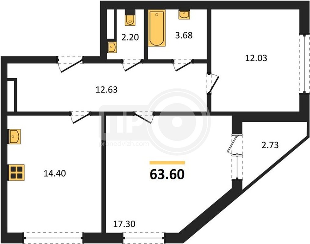 2-комнатная квартира, 63.6кв.м