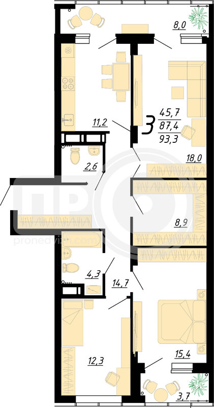 3-комнатная квартира, 93.3кв.м